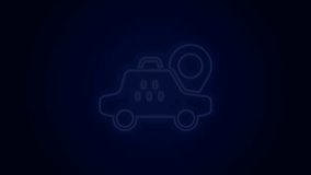 Glowing neon line Map pointer with taxi car icon isolated on black background. Location symbol. 4K Video motion graphic animation.