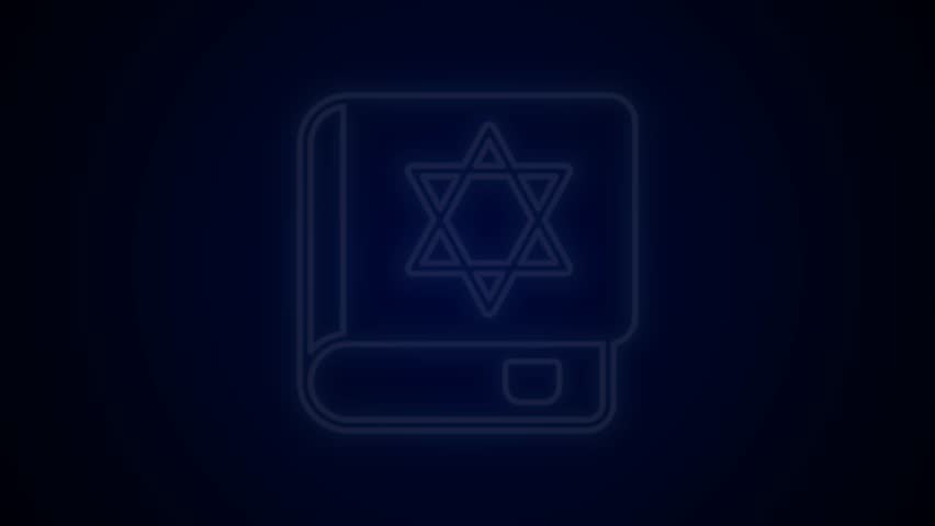Glowing neon line Jewish torah book icon isolated on black background. On the cover of the Bible is the image of the Star of David. 4K Video motion graphic animation.