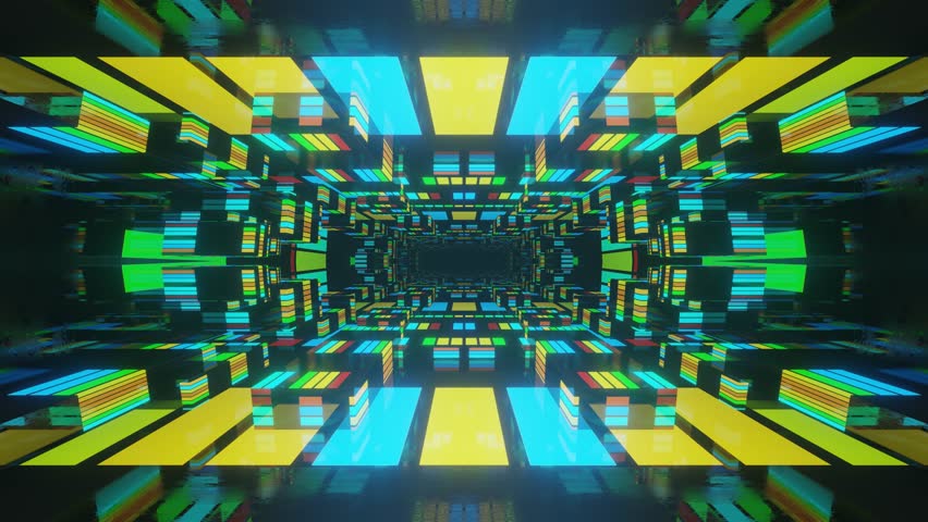 4k seamless looped animation. Fly through mirror symmetrical tunnel with neon pattern, sci fi glow pattern. Bright reflection neon light. Simple bright background, sci fi structure. 3D Illustration | Shutterstock HD Video #1099141123