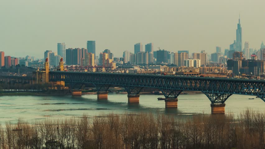 Yangtze River Bridge timelapse view of Nanjing city in Jiangsu, China