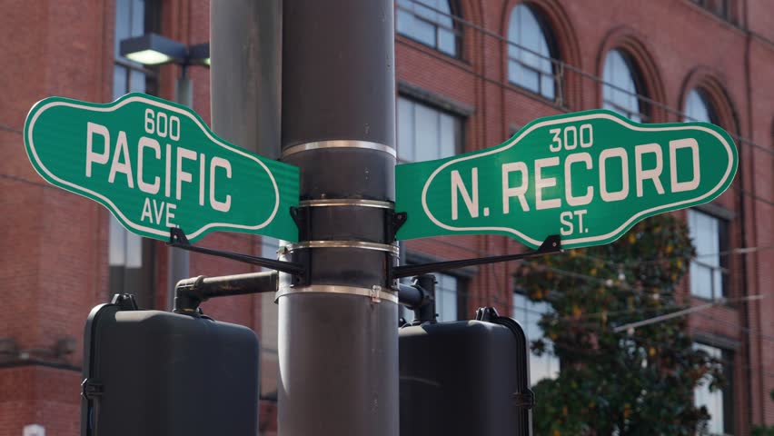 Street signs Pacific and Record in Downtown Dallas - travel photography