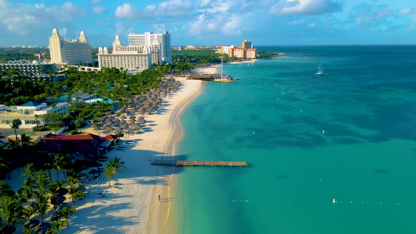 Palm Beach Aruba Caribbean, white long sandy beach with palm trees at Aruba Antilles, drone view