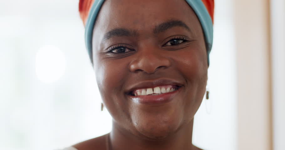 Black woman, face and smile for creativity success for marketing agency, designer motivation and hapiness in office. African woman, happy and creative employee achievement vision or leader portrait