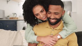 Love, hug and black couple with laptop on sofa, online shopping or internet browsing. Romance, remote worker and man working on pc with happy woman hugging, cuddle or embrace for support in house. - Powered by Shutterstock - Get 15% off with code: PIKWIZARD15