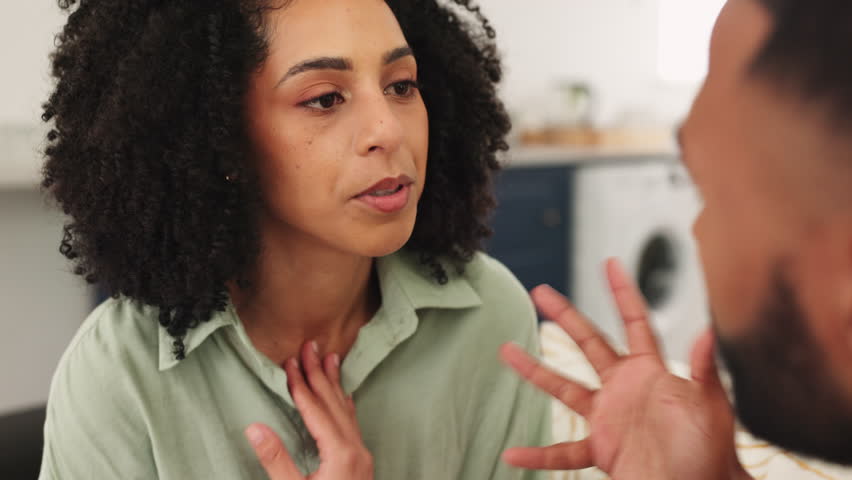 Couple, arguing and fight on sofa for infidelity, mistake or conflict in disagreement at home. Black couple in argument, break up or affair having problems, cheating or fighting with mental issues | Shutterstock HD Video #1099147829