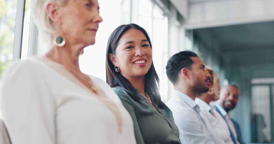 Business people, waiting line or job interview for corporate woman with vision or ideas for company growth. Portrait, smile or happy asian worker, employee or candidate in hr recruitment waiting room | Shutterstock HD Video #1099148125