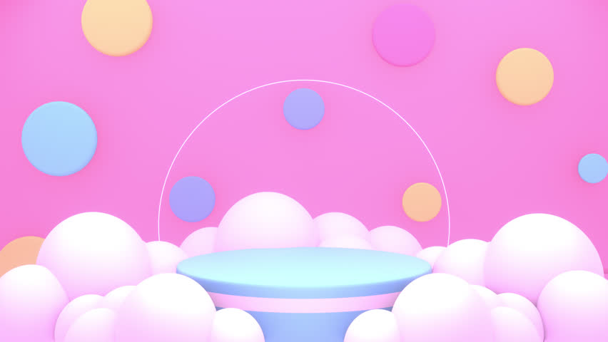 Looped pink room with podium, colorful circles, and white clouds animation. Royalty-Free Stock Footage #1099149209