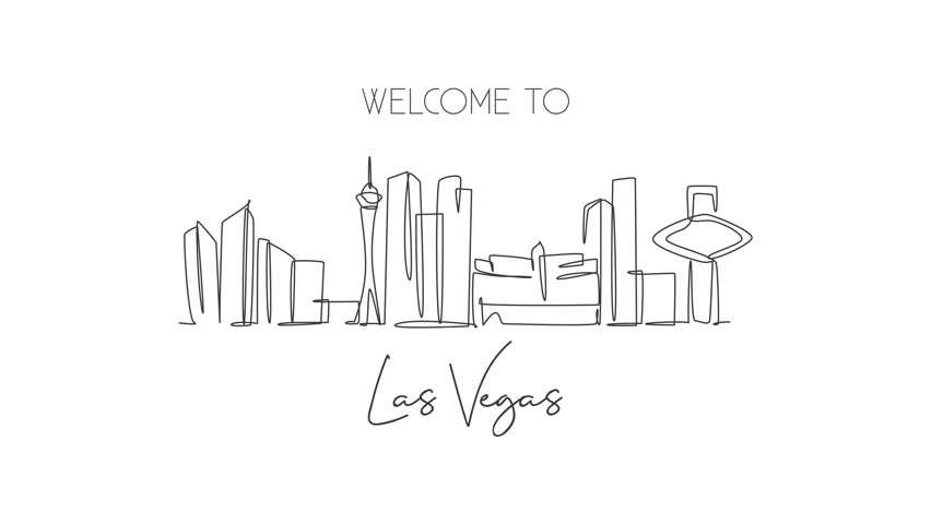 Animated self drawing of single continuous line draw Las Vegas city skyline, USA. Famous city scraper and landscape. World travel concept poster print art. Editable full length one line animation. | Shutterstock HD Video #1099151177