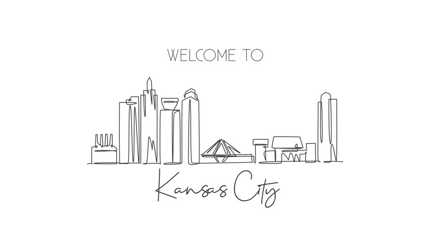 Animation of one line drawing of Kansas city skyline, United States. Historical town landscape. Best holiday destination wall decor poster art. Continuous line self draw animated. Full length motion.