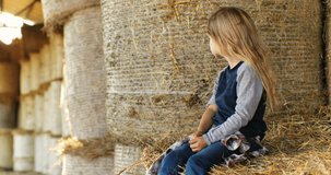 Portrait shot of Caucasian pretty happy little girl with blonde hair sitting on hay stocks and dreaming. Kid spending summer at farm. Small child on hay stock. Farming concept. Childhood in village.