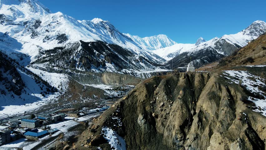 Drone view of Manang Village in Himalayas of Nepal