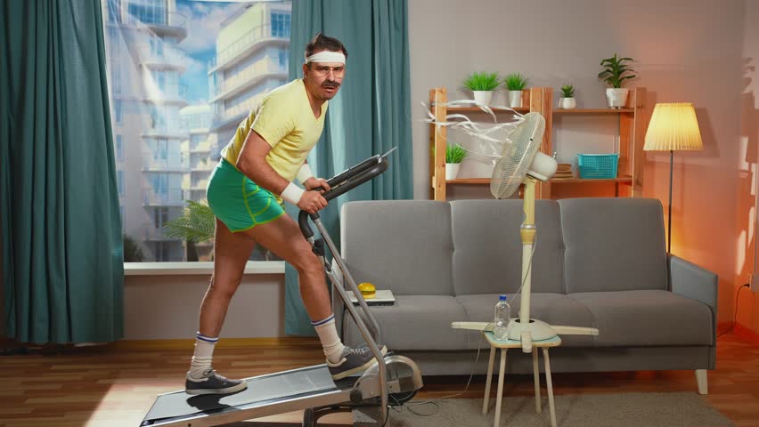tired funny athlete with a mustache on the treadmill in the living room