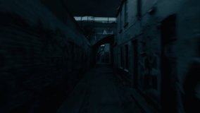 Flight along a dark alley between houses. Graffiti on the wall. The street. Rotating. 3d animation of a seamless loop. 3D Illustration
