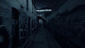 Moving forward along a dark alley at night. Night city. Graffiti on the walls. District. 3d animation of seamless loop. 3D Illustration
