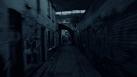 Night city. The camera spins around. Road along an abandoned street. Graffiti on the walls. 3d animation . 3D Illustration
