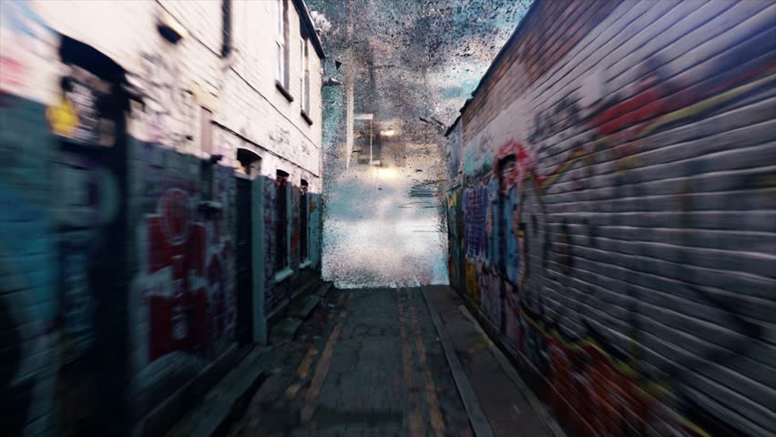 Street objects and buildings are created from dust. Houses, road, walls with graffiti. Magic, illusion, video game. 3D Illustration Royalty-Free Stock Footage #1099156897