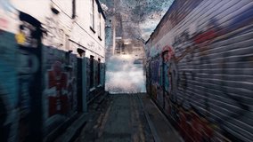 Street objects and buildings are created from dust. Houses, road, walls with graffiti. Magic, illusion, video game. 3D Illustration