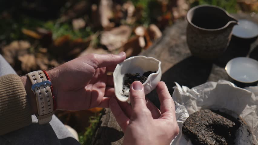 Pressed pu-erh tea in a ceramic bowl is demonstrated by a man. chinese tea ceremony concept | Shutterstock HD Video #1099157953