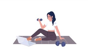 Animated girl doing exercise for arm. Fitness class. Full body flat person on white background with alpha channel transparency. Colorful cartoon style 4K video footage of character for animation