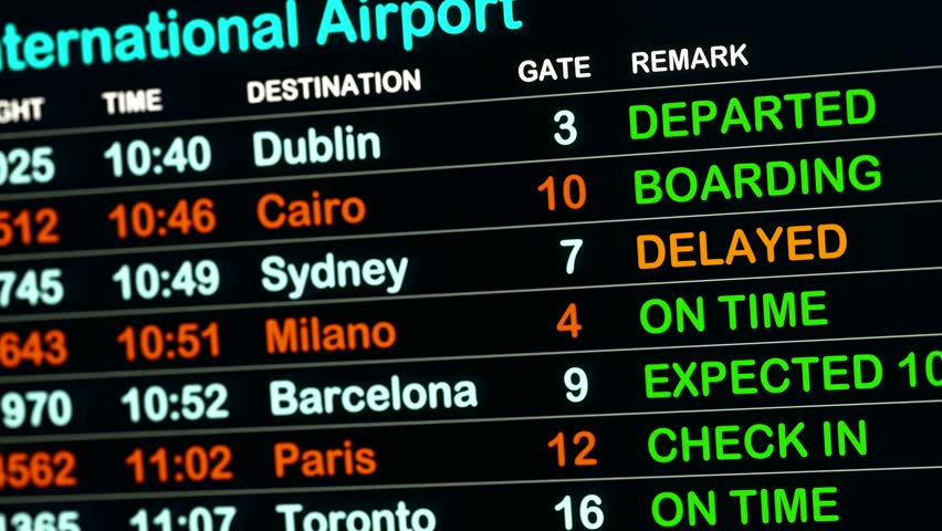 Airport time table with flight data. Flight departure board with some cancelled or delayed flights on a screen. International airport, tourism and travel concept. 3D animation Royalty-Free Stock Footage #1099160121