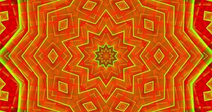 Luminous rays of red, green and yellow shades form constantly changing kaleidoscope patterns against a dark background. Animated background and club video. Endless cycle. A loop