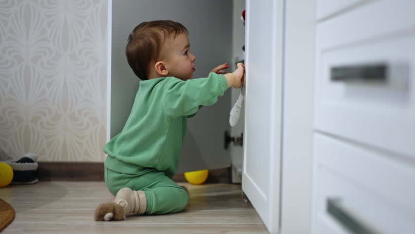 Cute kid opens the doors of the closet in the room. Curious baby exploring the house. | Shutterstock HD Video #1099163773