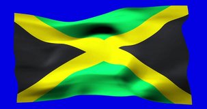 Flag of Jamaica realistic waving on blue screen. Seamless loop animation with high quality