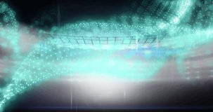Animation of white spots moving over sports stadium. Global sport and digital interface concept digitally generated video.