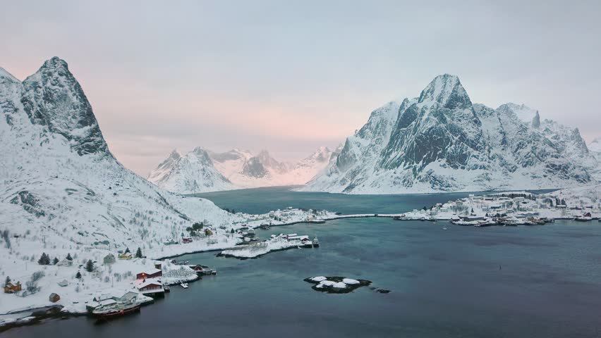 Aerial view drone fly to Reine village, Lofoten islands, Norway, Europe