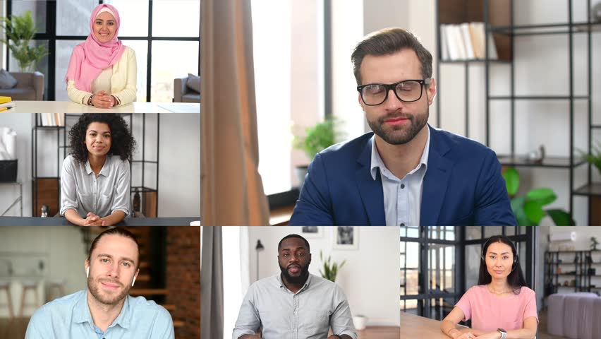 Confident caucasian male leader holding online video meeting with diverse work team, a lot of multiracial people on the screen talking together during online conference, work on the distance | Shutterstock HD Video #1099173493