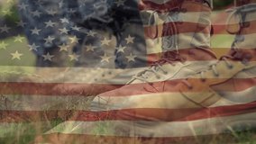 A composite of military boots while american flags waving in the background. Global business finances connections and digital interface concept digitally generated video.
