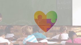 Animation of puzzle pieces with heart icon over diverse schoolchildren and teacher. Autism awareness month concept digitally generated video. - Powered by Shutterstock - Get 15% off with code: PIKWIZARD15