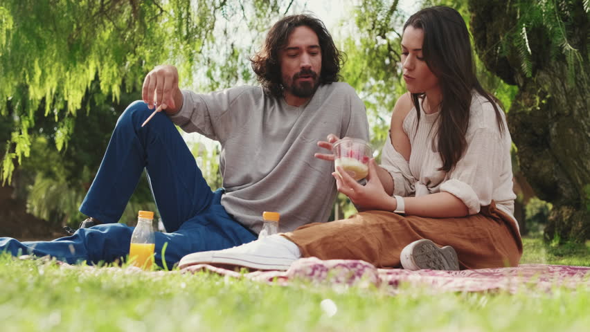Smiling couple communicating while enjoying in picnic day | Shutterstock HD Video #1099174427