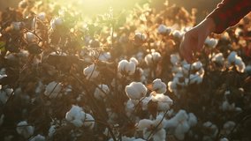 Close-up of hand touching soft cotton flower in autumn in countryside with brown field of many cotton crops