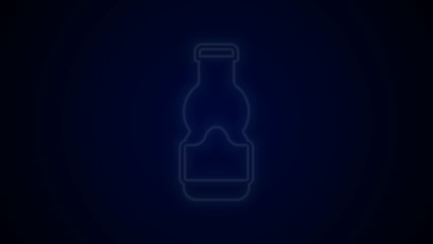Glowing neon line Sauce bottle icon isolated on black background. Ketchup, mustard and mayonnaise bottles with sauce for fast food. 4K Video motion graphic animation.