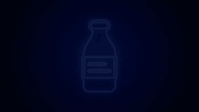 Glowing neon line Bottle of water icon isolated on black background. Soda aqua drink sign. 4K Video motion graphic animation.