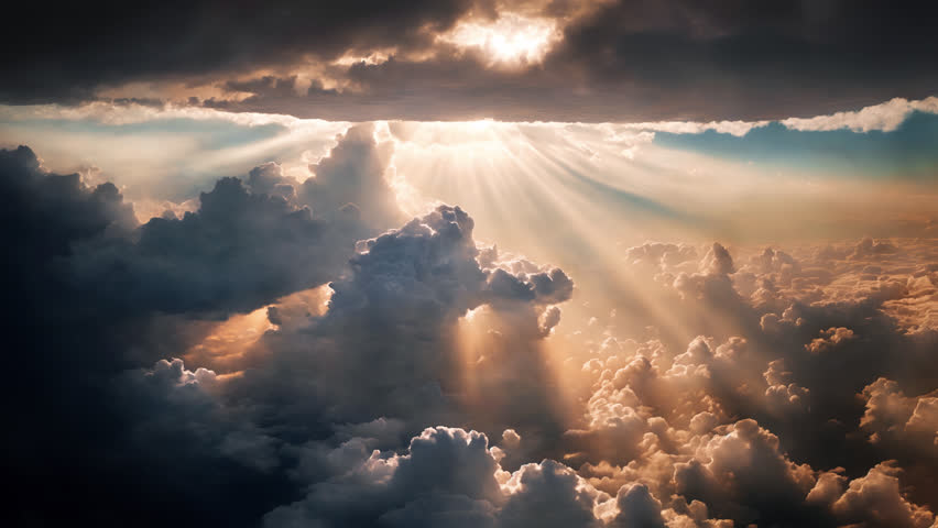 An aerial shot above beautiful sunset clouds with sun shining through fog, detailed picturesque view, camera moving into amazing cloudscape with beautiful light rays, realistic CG animation. Royalty-Free Stock Footage #1099181613