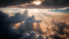 An aerial shot above beautiful sunset clouds with sun shining through fog, detailed picturesque view, camera moving into amazing cloudscape with beautiful light rays, realistic CG animation.