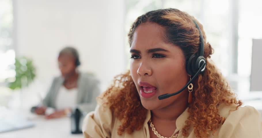 Business, call center and woman for telemarketing, consulting and talking in office. Female agent, consultant and lady with headset, friendly service and client service for customer support and help. | Shutterstock HD Video #1099182547