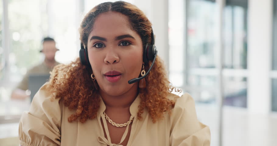 Telemarketing, sales or woman customer service consultant talking on phone call with headset. Communication, crm or call center worker consulting on customer support. Contact us on our help desk line | Shutterstock HD Video #1099182581