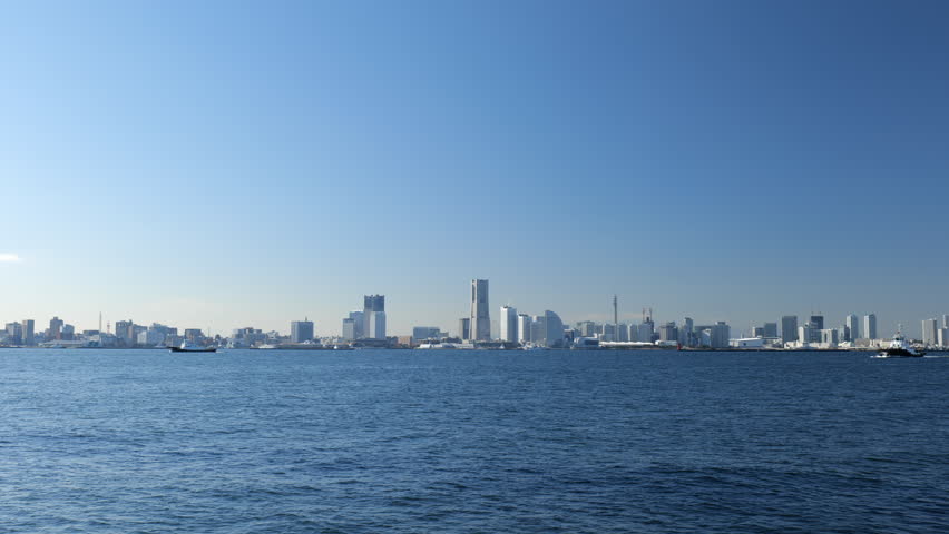 A view of the Port of Yokohama and the Yokohama Minato Mirai area on a clear winter day.