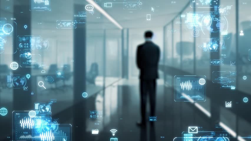A man standing in office and digital data concept. Digital transformation. ERP. Enterprise Resources Planning. | Shutterstock HD Video #1099186623