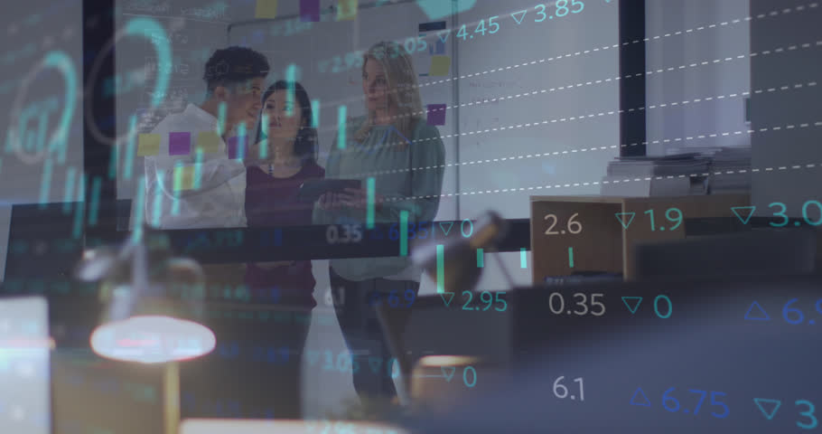 Animation of financial data processing over diverse business people. Global business, finances, computing and data processing concept digitally generated video. | Shutterstock HD Video #1099189279
