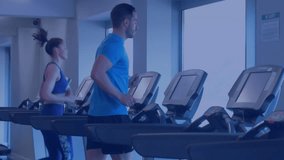 Animation of data processing over people running on treadmill, exercising in gym. Global sports, fitness, computing and data processing concept digitally generated video.
