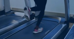 Animation of data processing over woman running on treadmill, exercising in gym. Global sports, fitness, computing and data processing concept digitally generated video.