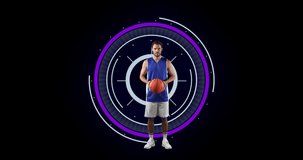 Animation of data processing over male basketball player. Global sports, fitness, computing and data processing concept digitally generated video.