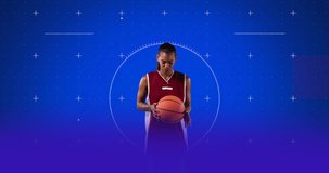 Animation of data processing over female basketball player. Global sports, fitness, computing and data processing concept digitally generated video.
