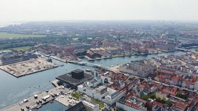 Inscription on video. Copenhagen, Denmark. General panorama of the historical part of the city. Aerial view. Glitch effect text, Aerial View