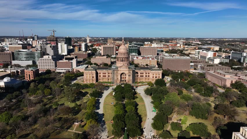 Aerial view in front of the Texas state capitol, sunny autumn day in Austin, USA