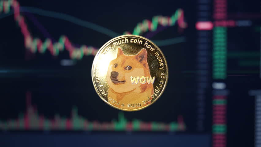 Dogecoin doge crypto currency coin hovering in front of trading charts with light energy passing through | Shutterstock HD Video #1099201153